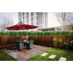 Parasol De Jardin Parasol Déporté 3M Exterieur Avec éclairage Solaire LED Pour Plage Terrasse, Piscine, Rouge - Mondeer -Promos Jardin Lumi Magasin 53940425 4