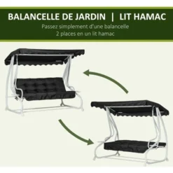OUTSUNNY Balancelle De Jardin Convertible 2 Places Grand Confort Toit Inclinaison Réglable Coussins Inclus Plateaux Porte-gobelets Acier Polyester Noir -Promos Jardin Lumi Magasin 54127872 4