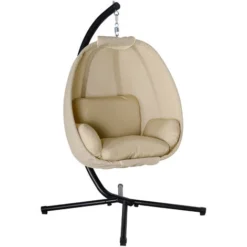 OUTSUNNY Fauteuil Suspendu De Jardin - Fauteuil Oeuf Suspendu Pliable - Coussin Et Support Inclus - Métal époxy Noir Textilène Beige