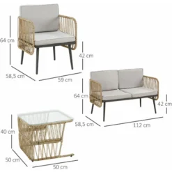 OUTSUNNY Salon De Jardin 4 Places 4 Pièces Style Colonial Table Basse Coussins Beige Inclus Résine Tressée Aspect Rotin -Promos Jardin Lumi Magasin 54809815 3