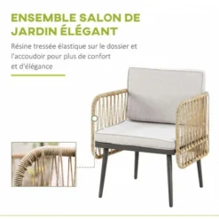 OUTSUNNY Salon De Jardin 4 Places 4 Pièces Style Colonial Table Basse Coussins Beige Inclus Résine Tressée Aspect Rotin -Promos Jardin Lumi Magasin 54809815 4