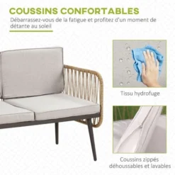 OUTSUNNY Salon De Jardin 4 Places 4 Pièces Style Colonial Table Basse Coussins Beige Inclus Résine Tressée Aspect Rotin -Promos Jardin Lumi Magasin 54809815 5