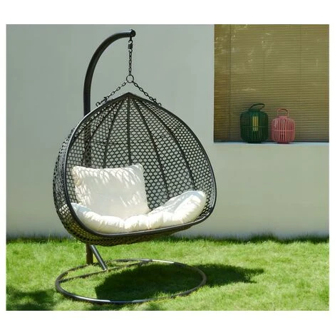 Fauteuil Suspendu 2 Places En Résine Tressée Noire Et Coussin Blanc - VAHINA 2 Fauteuil Suspendu 2 Places En Résine Tressée Noire Et Coussin Blanc - VAHINA – Image 2