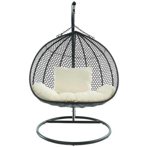 Fauteuil Suspendu 2 Places En Résine Tressée Noire Et Coussin Blanc - VAHINA 3 Fauteuil Suspendu 2 Places En Résine Tressée Noire Et Coussin Blanc - VAHINA – Image 3