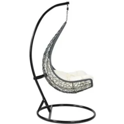 Fauteuil Suspendu En Résine Tressée Noire Et Coussins Blancs - OROSI -Promos Jardin Lumi Magasin 55882841 4