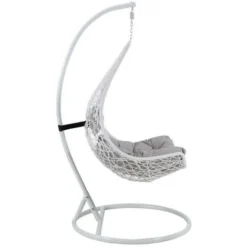 Fauteuil Suspendu En Résine Tressée Blanche Et Coussins Gris - OROSI -Promos Jardin Lumi Magasin 55884984 4