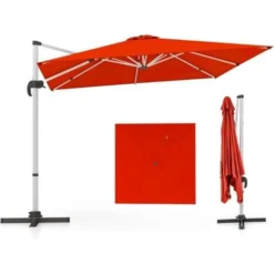 COSTWAY Parasol Déporté Carré 3M Avec Base En Croix Poteau En Aluminium Rotatif à 360° Manivelle Inclinable 8 Baleines Orange