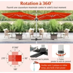 COSTWAY Parasol Déporté Carré 3M Avec Base En Croix Poteau En Aluminium Rotatif à 360° Manivelle Inclinable 8 Baleines Orange -Promos Jardin Lumi Magasin 57140800 4