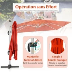 COSTWAY Parasol Déporté Carré 3M Avec Base En Croix Poteau En Aluminium Rotatif à 360° Manivelle Inclinable 8 Baleines Orange -Promos Jardin Lumi Magasin 57140800 5