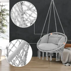 Chaise Suspendue Avec Coussins Fauteuil Suspendu 1 Personne Hamac Coton Avec Franges Capacité 150kg Intérieur Extérieur Gris Clair -Promos Jardin Lumi Magasin 58564787 3