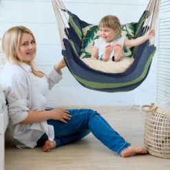 Relaxdays Fauteuil Suspendu, Hamac Siège, Jardin, Intérieur-extérieur, 150 Kg, Enfants Et Adultes, Coton/bois, Bleu/vert -Promos Jardin Lumi Magasin 60143549 5