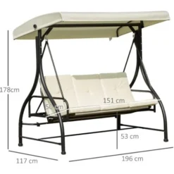 OUTSUNNY Balancelle De Jardin 3 Places Convertible Inclinaison Toit Réglable Matelas Grand Confort Rembourrage 8 Cm Fourni 1,96L X 1,17l X 1,78H M Métal époxy Noir Crème -Promos Jardin Lumi Magasin 6812178 3