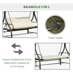 OUTSUNNY Balancelle De Jardin 3 Places Convertible Inclinaison Toit Réglable Matelas Grand Confort Rembourrage 8 Cm Fourni 1,96L X 1,17l X 1,78H M Métal époxy Noir Crème -Promos Jardin Lumi Magasin 6812178 4
