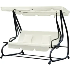 OUTSUNNY Balancelle De Jardin 3 Places Convertible Toit Inclinaison Réglable 2 Tablettes Support 2L X 1,2l X 1,64H M Métal époxy Noir Polyester Crème