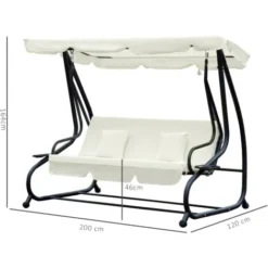 OUTSUNNY Balancelle De Jardin 3 Places Convertible Toit Inclinaison Réglable 2 Tablettes Support 2L X 1,2l X 1,64H M Métal époxy Noir Polyester Crème -Promos Jardin Lumi Magasin 6812180 3