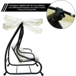 OUTSUNNY Balancelle De Jardin 3 Places Convertible Toit Inclinaison Réglable 2 Tablettes Support 2L X 1,2l X 1,64H M Métal époxy Noir Polyester Crème -Promos Jardin Lumi Magasin 6812180 4