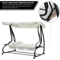 OUTSUNNY Balancelle De Jardin 3 Places Convertible Toit Inclinaison Réglable 2 Tablettes Support 2L X 1,2l X 1,64H M Métal époxy Noir Polyester Crème -Promos Jardin Lumi Magasin 6812180 5