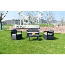 Set Salon D’extérieur - Salon De Jardin Pour 4 Personnes - 2 Fauteuils, 1 Canapé Et 1 Table - Avec Coussins - Gris -Promos Jardin Lumi Magasin 72492606 5