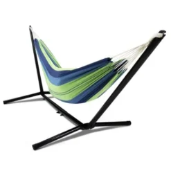 Hamac Avec Support Métal Et Toile Rayée Bleue Et Verte