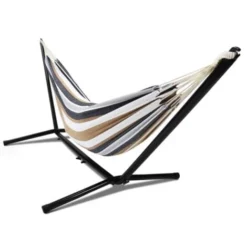 Hamac Avec Support Métal Et Toile Rayée Noire, Blanche Et Chocolat