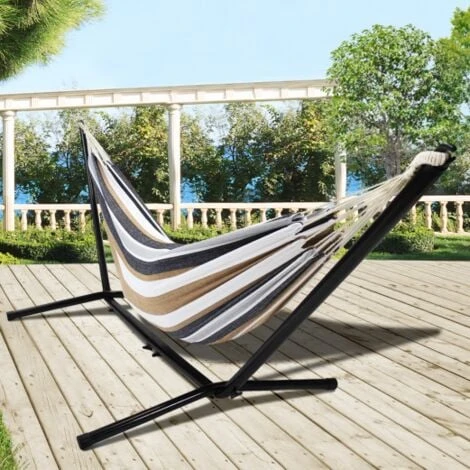 Hamac Avec Support Métal Et Toile Rayée Noire, Blanche Et Chocolat 2 Hamac Avec Support Métal Et Toile Rayée Noire, Blanche Et Chocolat – Image 2
