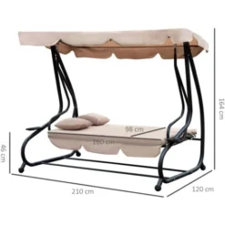 OUTSUNNY Balancelle De Jardin Convertible 3 Places Inclinaison Toit Réglable 2 Tablettes + Matelas 2L X 1,2l X 1,64H M Métal époxy Noir Polyester Beige -Promos Jardin Lumi Magasin 7827357 3