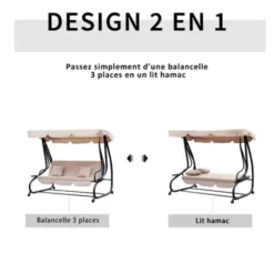 OUTSUNNY Balancelle De Jardin Convertible 3 Places Inclinaison Toit Réglable 2 Tablettes + Matelas 2L X 1,2l X 1,64H M Métal époxy Noir Polyester Beige -Promos Jardin Lumi Magasin 7827357 4