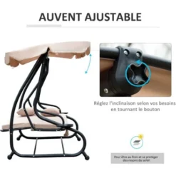 OUTSUNNY Balancelle De Jardin Convertible 3 Places Inclinaison Toit Réglable 2 Tablettes + Matelas 2L X 1,2l X 1,64H M Métal époxy Noir Polyester Beige -Promos Jardin Lumi Magasin 7827357 5