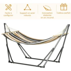OUTSUNNY Hamac De Jardin Pliable Avec Support Acier époxy Et Toile Coton Lin Marron Noir Gris Blanc -Promos Jardin Lumi Magasin 88908379 5