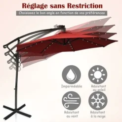 COSTWAY Parasol Déporté Exterieur Lumières LED Solaires 3M, Parasol De Marché à 8 Côtes En Aluminium, Réglages D'Inclinaison Rotation, Manivelle, Base Croisée, Pour Jardin Terrasse Rouge -Promos Jardin Lumi Magasin 91376412 3