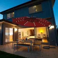 COSTWAY Parasol Déporté Exterieur Lumières LED Solaires 3M, Parasol De Marché à 8 Côtes En Aluminium, Réglages D'Inclinaison Rotation, Manivelle, Base Croisée, Pour Jardin Terrasse Rouge -Promos Jardin Lumi Magasin 91376412 5