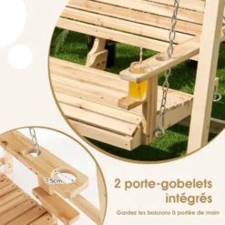 COSTWAY Balancelle De Jardin En Bois 2 Places Avec Porte-gobelets Et Accoudoirs, Balancelle Exterieur Charge 240KG Avec Chaîne Métallique Et Structure En Forme A, Pour Jardin Cour -Promos Jardin Lumi Magasin 92686671 3
