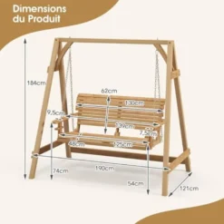 COSTWAY Balancelle De Jardin En Bois 2 Places Avec Porte-gobelets Et Accoudoirs, Balancelle Exterieur Charge 240KG Avec Chaîne Métallique Et Structure En Forme A, Pour Jardin Cour -Promos Jardin Lumi Magasin 92686671 4