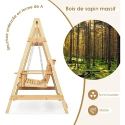 COSTWAY Balancelle De Jardin En Bois 2 Places Avec Porte-gobelets Et Accoudoirs, Balancelle Exterieur Charge 240KG Avec Chaîne Métallique Et Structure En Forme A, Pour Jardin Cour -Promos Jardin Lumi Magasin 92686671 5