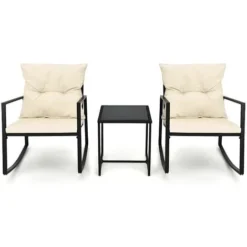 Garden Set - Chaise à Bascule - 2 Personnes Avec Coussin Et Table - Rotin Noir - MaxxGarden