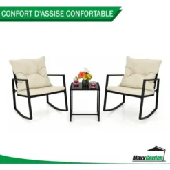 Garden Set - Chaise à Bascule - 2 Personnes Avec Coussin Et Table - Rotin Noir - MaxxGarden -Promos Jardin Lumi Magasin 94113951 3
