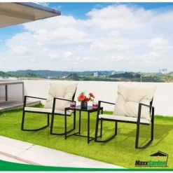 Garden Set - Chaise à Bascule - 2 Personnes Avec Coussin Et Table - Rotin Noir - MaxxGarden -Promos Jardin Lumi Magasin 94113951 5