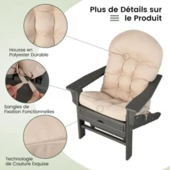 COSTWAY Coussin De Chaise Adirondack Avec Dossier De 81 CM Et Sangles De Fixation, 12 CM D'Épaisseur, Pour Intérieur/Extérieur Beige -Promos Jardin Lumi Magasin 95963551 5