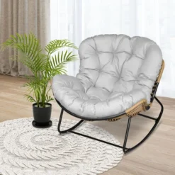 Fauteuil à Bascule En Résine Tressée Coussin Gris CANGGU -Promos Jardin Lumi Magasin 96994062 3
